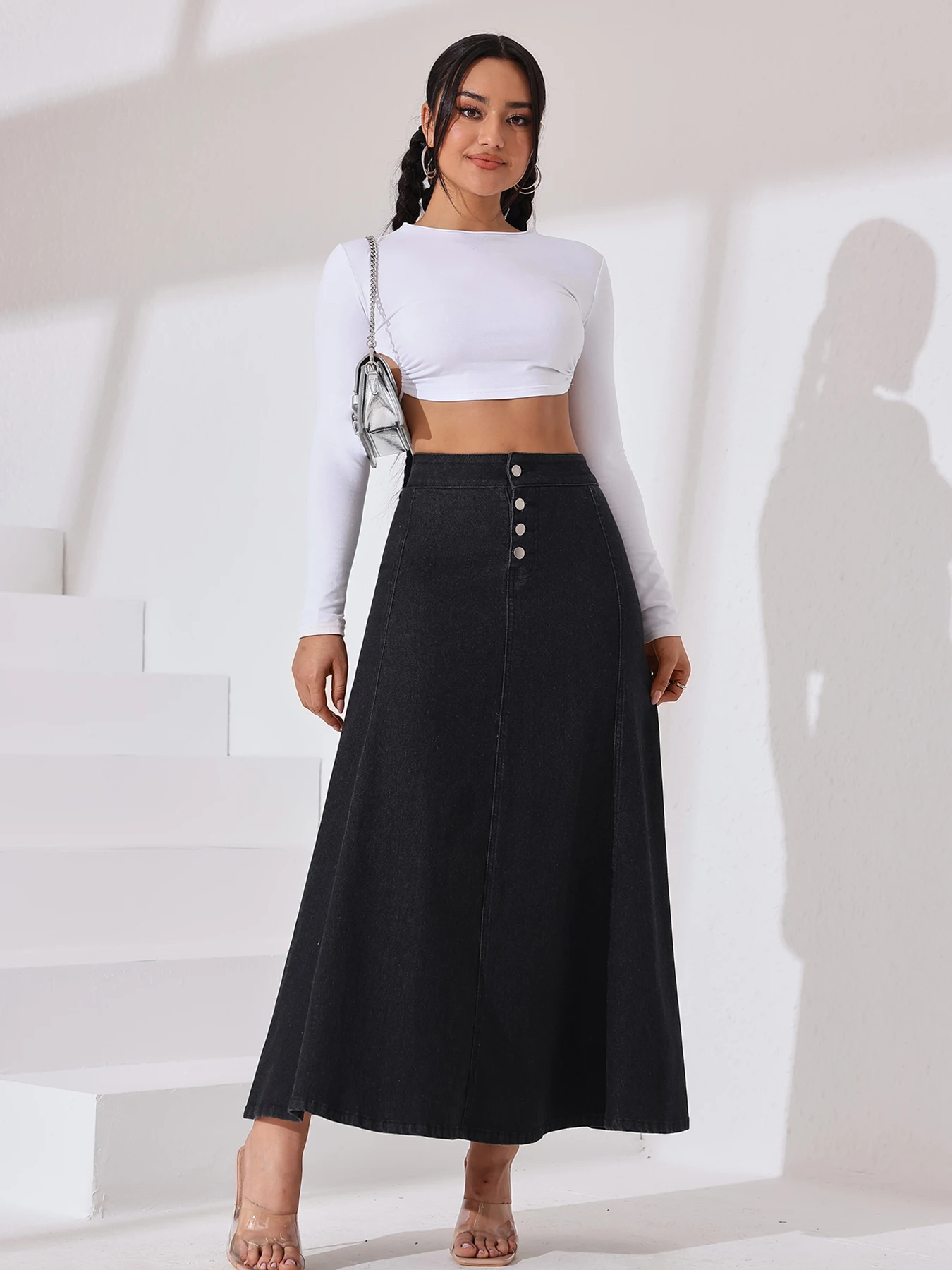 Women's Denim Wide Swing Long Dress with Stretch And Front Buttons Comfortable Fit Maxi Dress