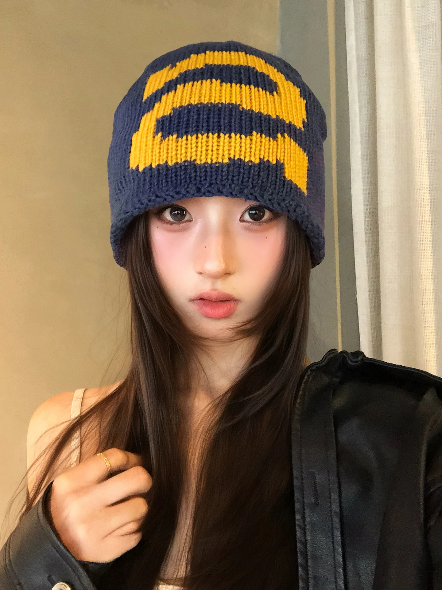 American Contrast Color Letter Knitted Woolen Cap for Women Large Head Size Face Slimming Natural Skin All Match Hat