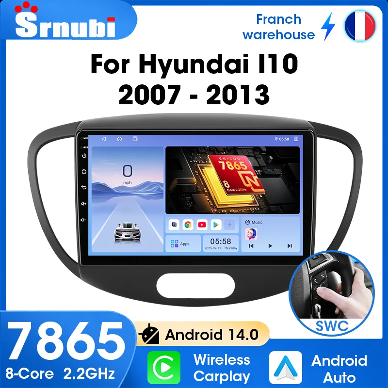 Srnubi Android Auto pour Hyundai i10 2007 2008 2009 2010 - 2013, navigation GPS, Carplay, autoradio, lecteur multimédia, unité centrale 2 Din, écran tactile, UIS7865, puce 8 cœurs, WIFI 5 GHz, DSP audio, MirrorLink, ventilateur de refroidissement intégré