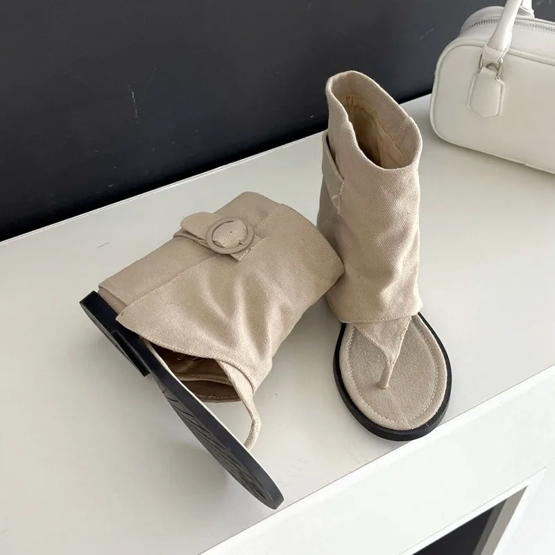 New Design Clip Toe Flip Flop Sandal Boots Women 2024 Summer Western Cowboy Pants Tube Boots Hollow Ankle Boots Flat Sandal Bota