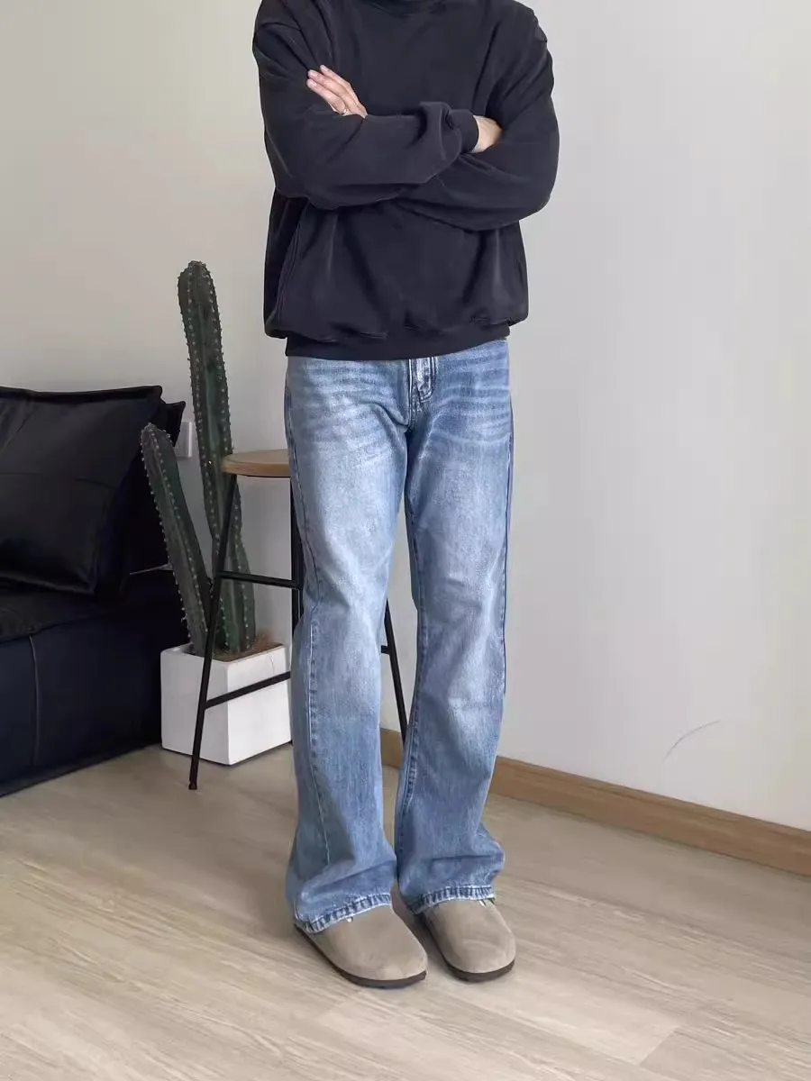 

Washed Vintage American Style Men's Jeans Light Blue Micro Flared Basic Straight Leg Long Pants Casual Youth Trend