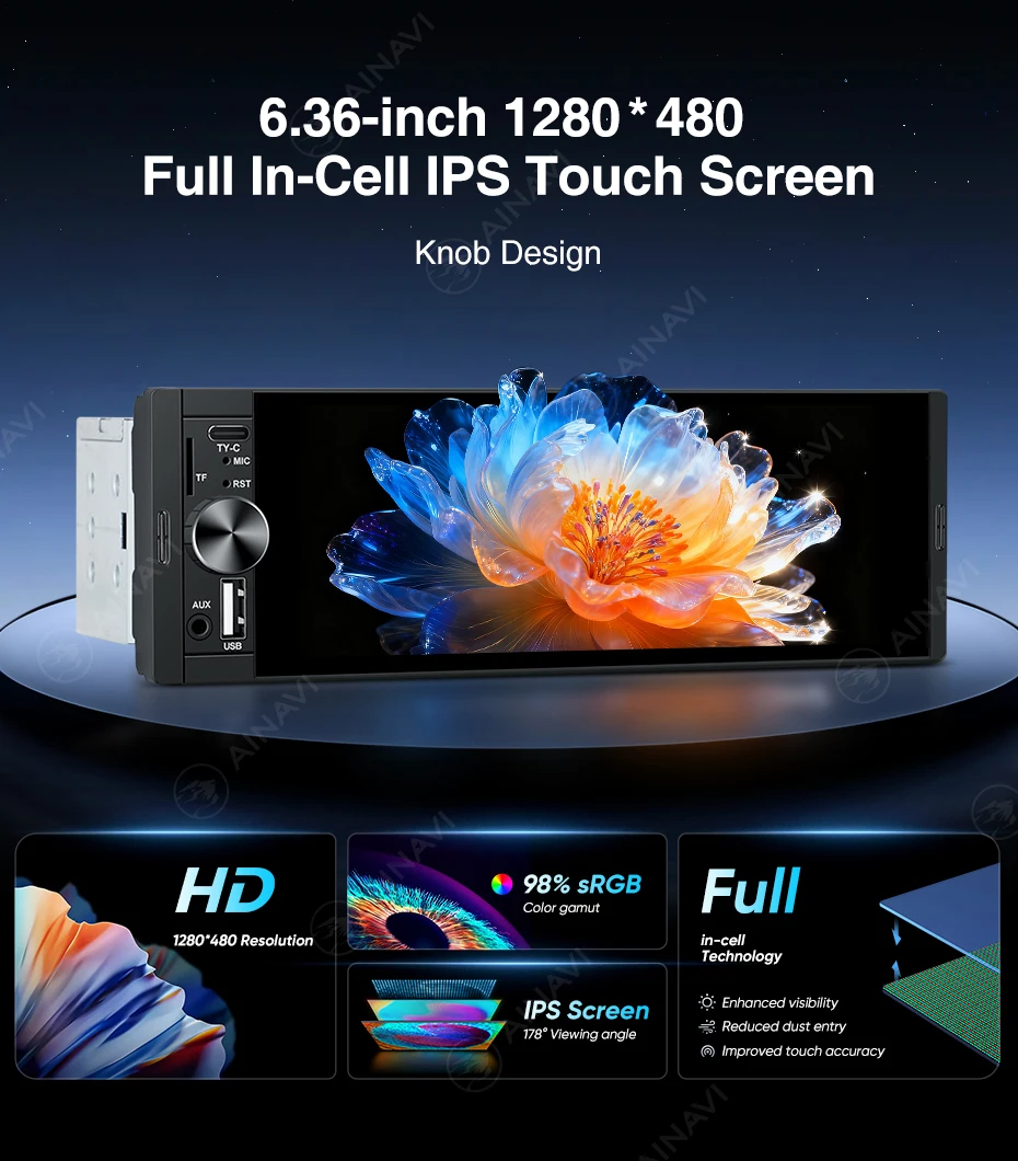 AINAVI 1 DIN Carplay Autoradio Android Auto Universelles Auto-Multimedia-Gerät MP5 HD IPS Touchscreen 1280*480 Full In-Cell TECH Monitor CVBS Rückfahrkamera 1Din Struktur Autoradio Versand aus Frankreich Ankunft in 2-7 Tagen 6,36 Zoll Radio Typ-C BT 5.0 TF-Steckplatz MIC – Detail 1