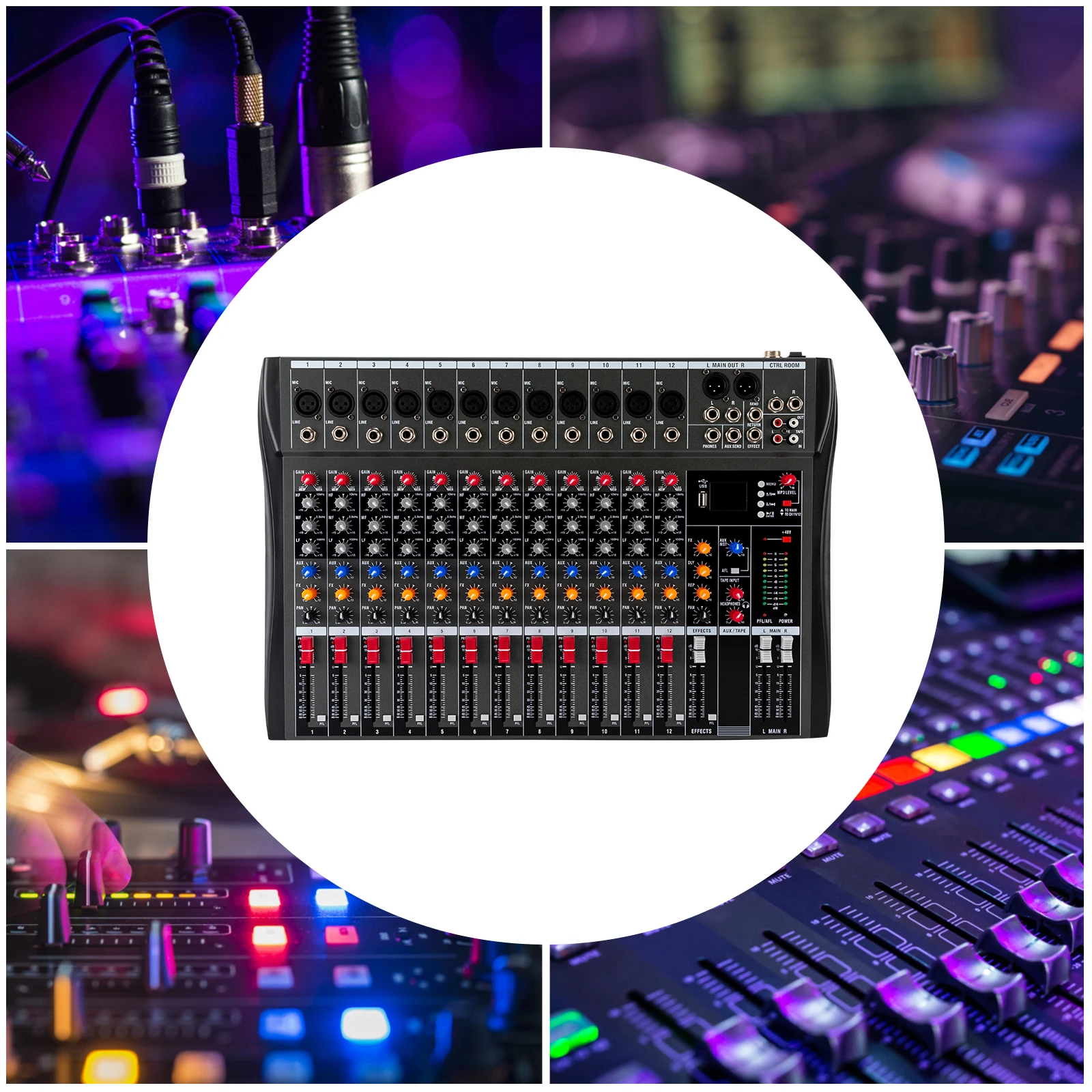 12 Live Audio Bluetooth Audio Mixer with USB Drive for Computer Recording Bluetooth 12 Channel Audio Mixer XLR Microphone Socket