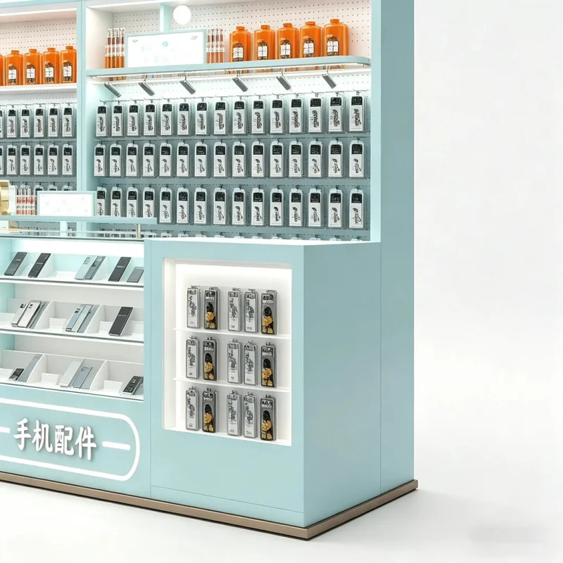 custom.Custom Light Blue Phone Accessory Kiosk | Mall-Up & Tech Solution | All-In-One Fixture Service