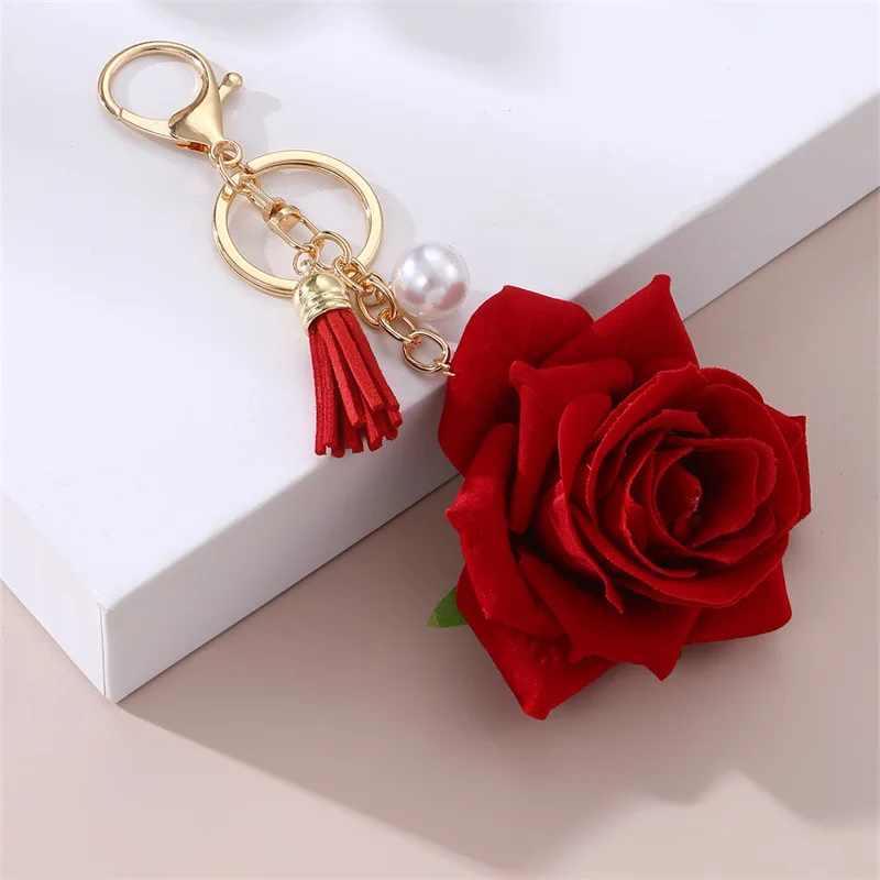 

Red Rose Tassel Pearl Pendant Sweet Style Women's Key Chain Bag Cuff