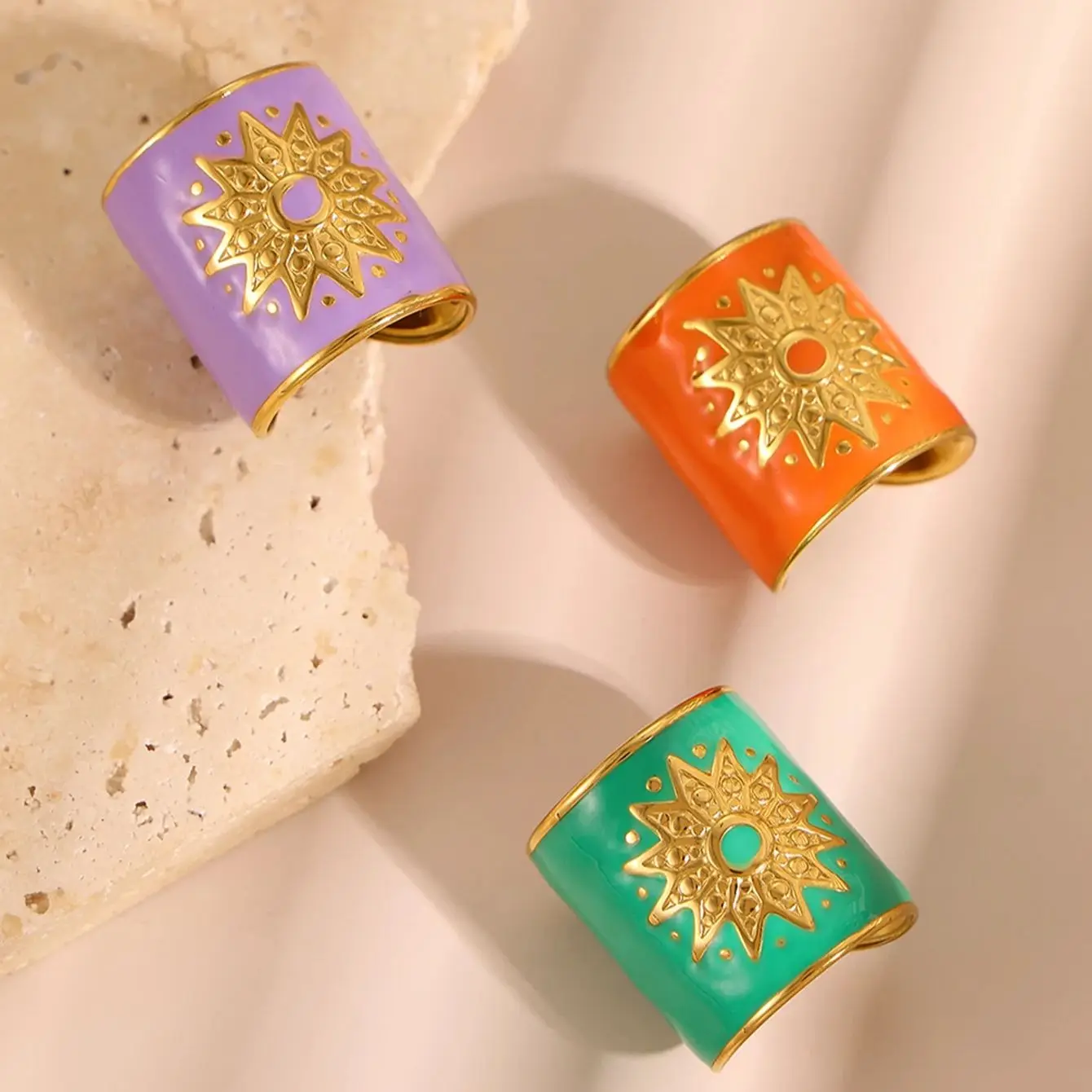 CARLIDANA Elegant Enamel Rings Stainless Steel Muti Color Sun Gold Plated Adjustable Open Rings for Women's Fashion Statement