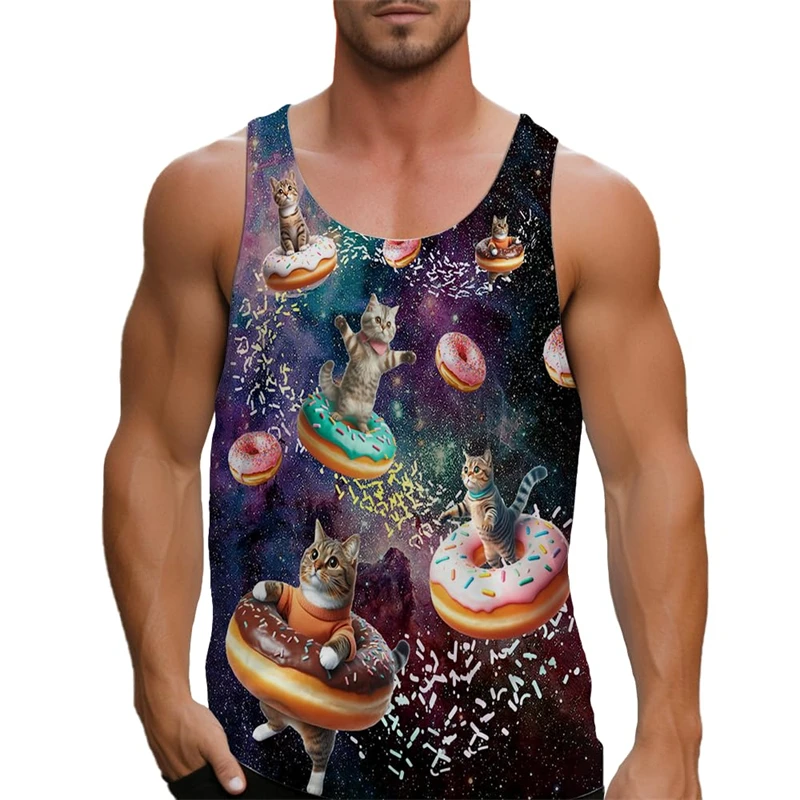 Cat Donut Hamburger 3d Print Tank Tops Funny Pizza Graphs Tee Y2k Shirt Boy Hawaii Beach men's