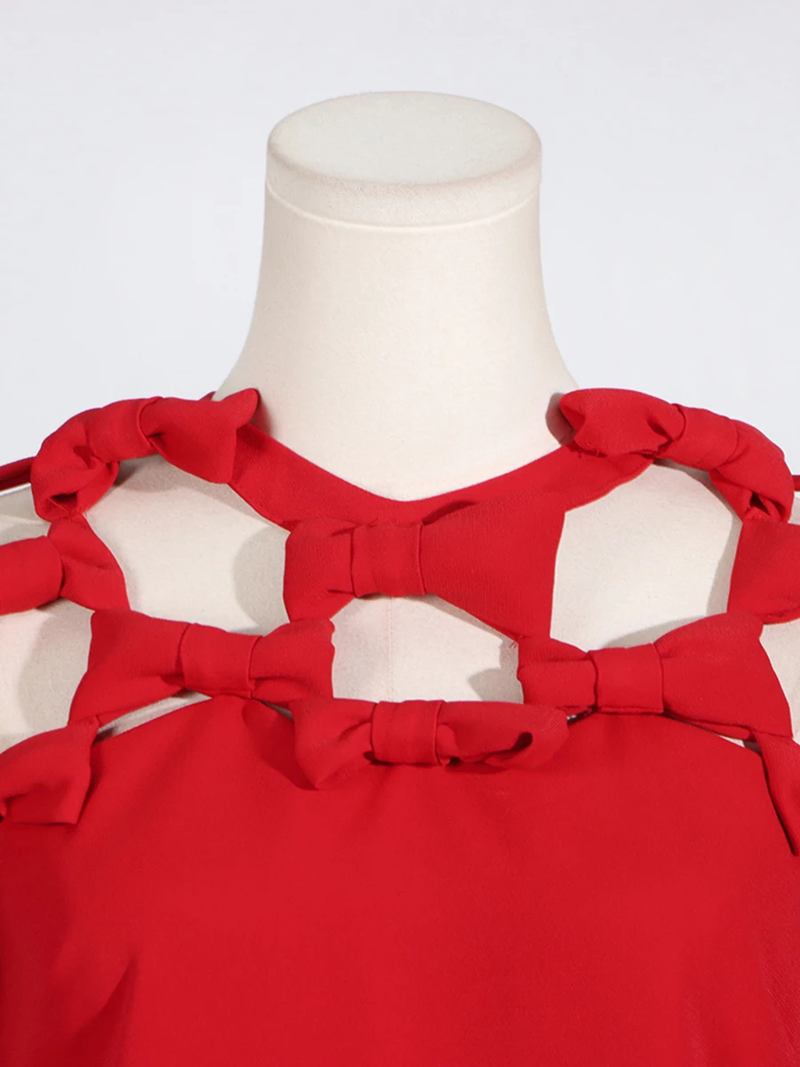 VGH Solid Hollow Out Afslankjurken Voor Vrouwen Ronde Hals Korte Mouw Hoge Taille Gesplitste Strik Vintage A-lijn Jurk Vrouwelijke