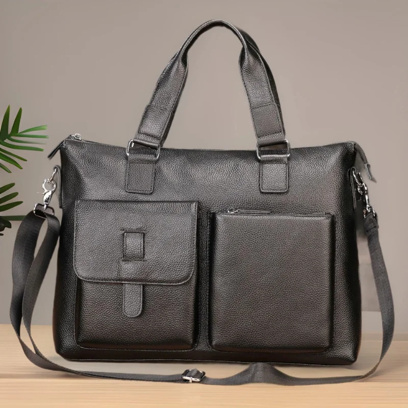 Valigetta per laptop Bussiness in vera pelle Borsa protettiva grande in pelle di mucca per uomo o donna Borsa a tracolla o a tracolla da uomo nera