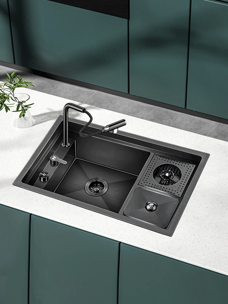 

Kitchen Black Nano Cup Washer Sink, Trash Can Integrated Invisible Sink Stainless Steel Concealed Basin