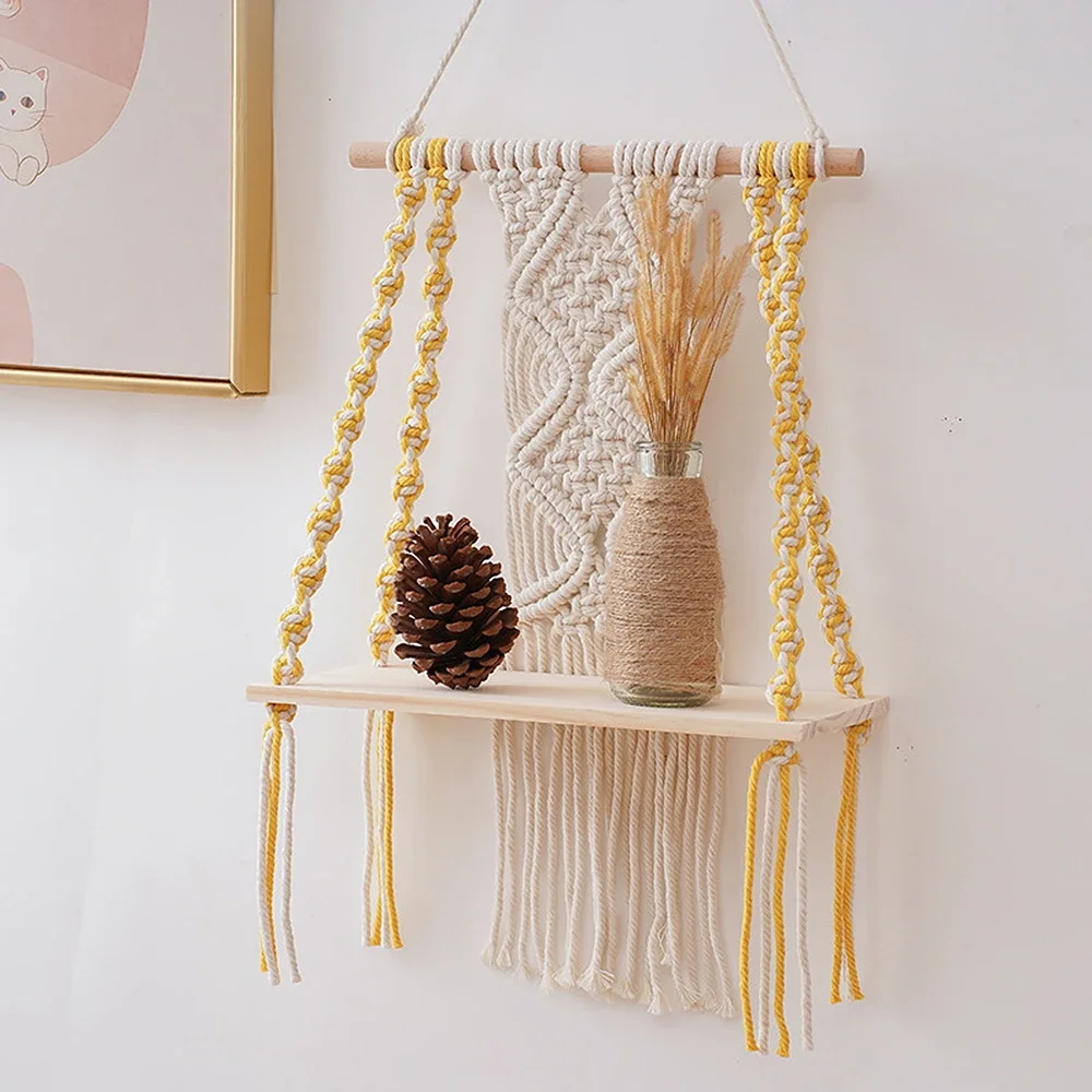 

DIY Handmade Tassel Macrame Tapestry Wall Hanging Shelf Boho Cotton Rope Woven Plant Hanger Wood Floating Shelf Wall Decor