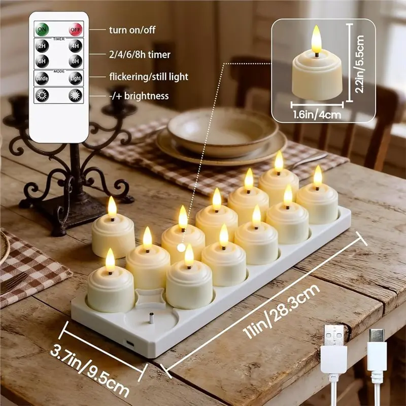 VOFUN-Flameless Flickering LED Tea Light Set Of 12 Rechargeable Candles Remote Control With Base Timer Charging Station Plastic
