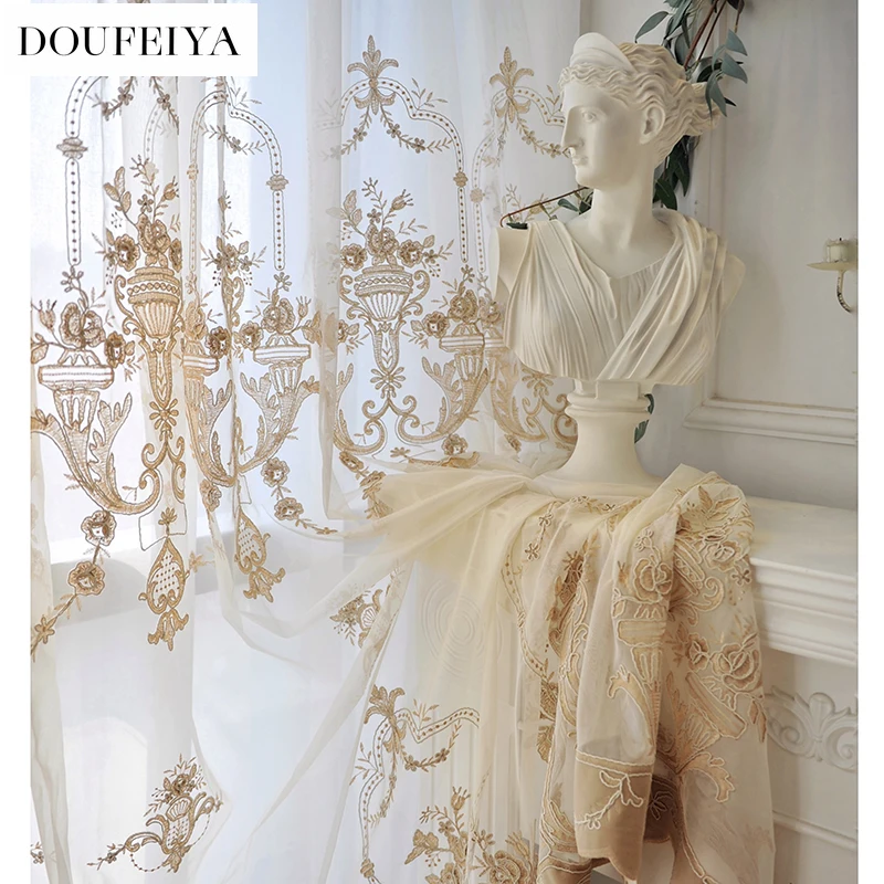 Custom Size American Three-dimensional Embroidery Light Luxury European Semi-shading Embroidery White Tulle Curtains for Bedroom
