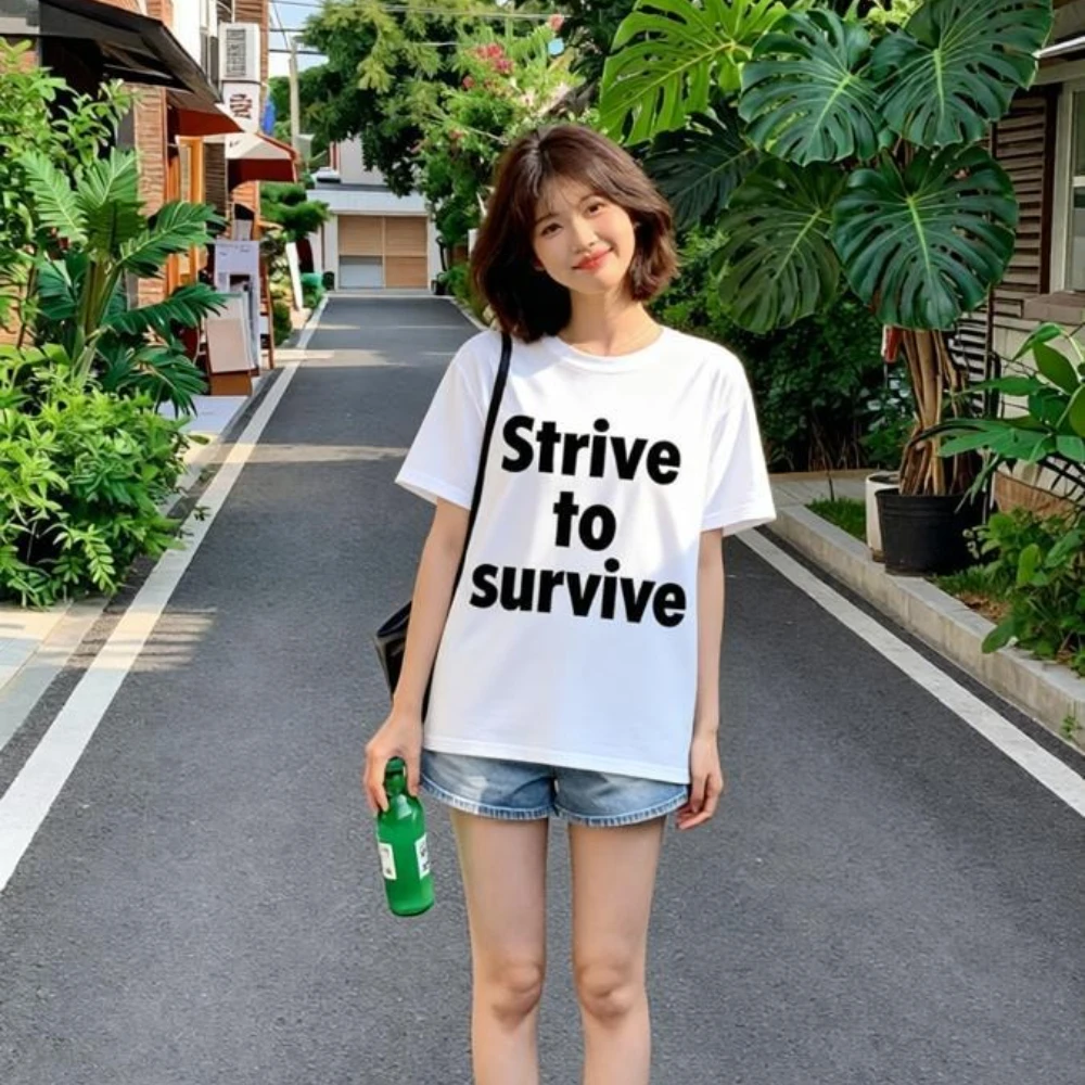 Strive To Survive Letter Print Short Sleeve Women T-shirt Crewneck Casual Daily Street Vintage Trendy Women Minimalist Loose Tee