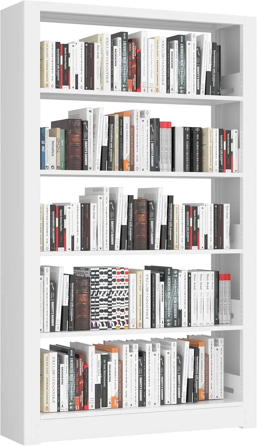 

5-Tier Bookshelf, White Bookshelf With Adjustable Storage Shelves, Metal Bookshelf, 69"" Tall Bookcase For Living Room,