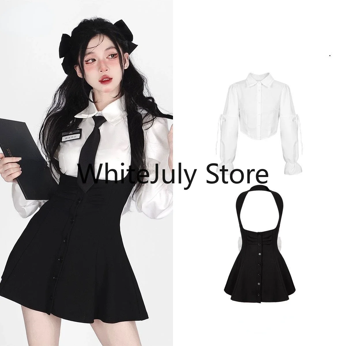 2023 Summer Sweet Two Piece Set for Women Long Sleeve White Shirts + Y2k Mini Dress Female Kawaii Clothing Korean Fashion Suits