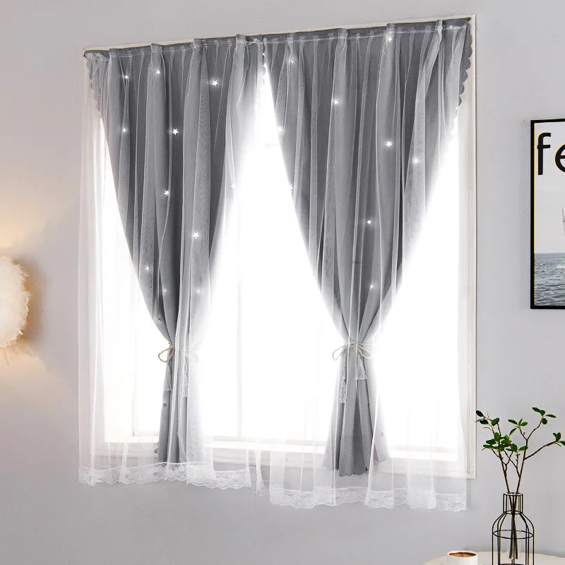 Thickening Full Blackout Solid Color Curtains Free Punching Fabric Double-layer Star Nordic Wind Paste Polyester Shade Cloth