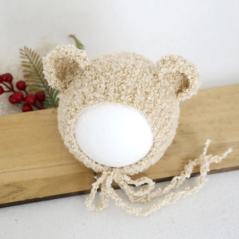Knitted Baby Girl Curled Wool Hat Newborn Photography Props Crochet Cute Teddy Bear Bonnet Infant Hats Photography Accessories