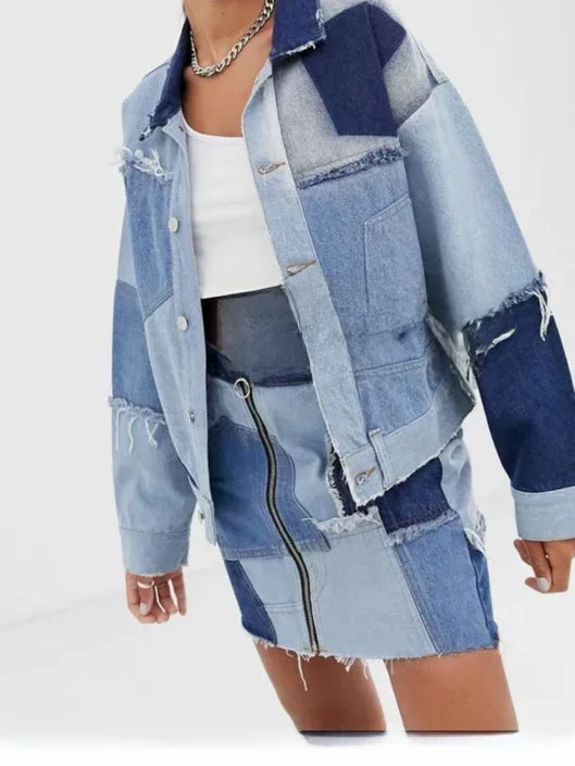 Street Style Loose Fit Long Sleeve Button down Color Block Denim Jacket Women's Premium Quality Cotton  Collar Outerwear