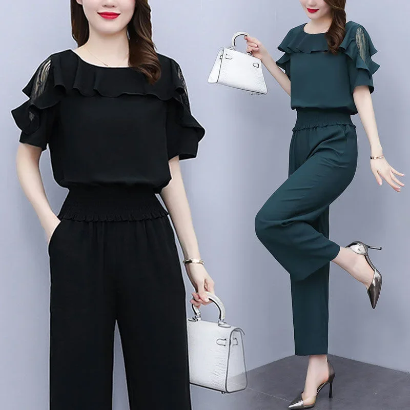 Women's Clothes 2025 New Summer Girdle Lace Openwork Off-the-shoulder Short Sleeve Tops Wide Leg Pants 2 Two Piece Set For Women