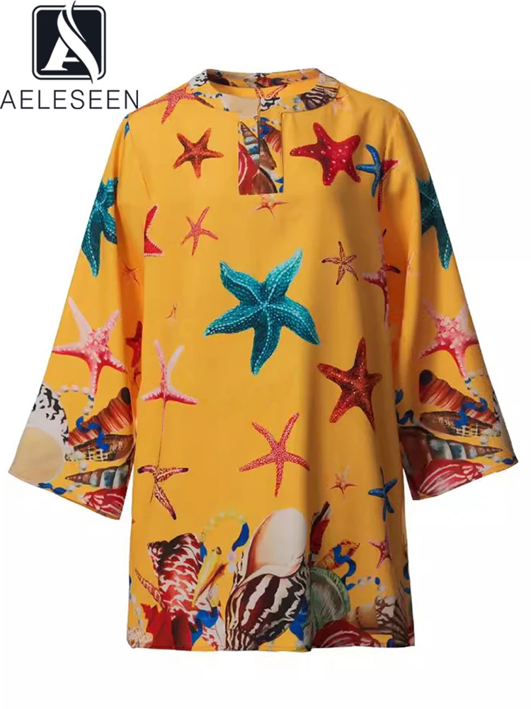 

AELESEEN Fashion Designer Summer Mini Dress Women Loose Full Sleeve Starfish Shell Printed Casual Yellow Blue Holiday Vacation