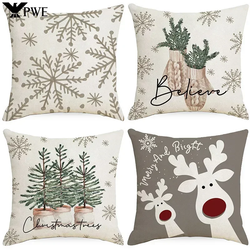 Christmas Snowflake Throw Pillow Cover Deer Printing Home Decorative Cushion Cover for Sofa New Year Decor Linen Pillowcase