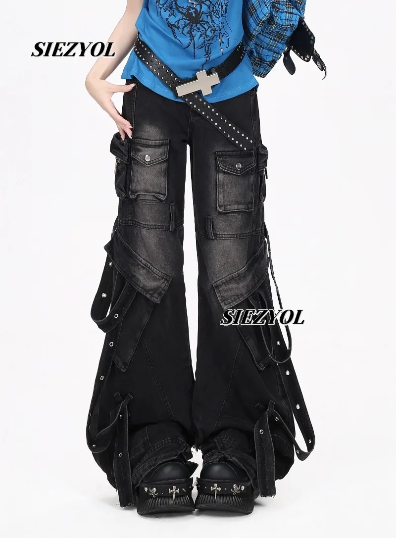 Niche Street Style Vintage Heavy-duty Rivet Multi-pocket Loose Wide-leg Jeans Sweet Girl High-waisted Black Flared Denim Pants