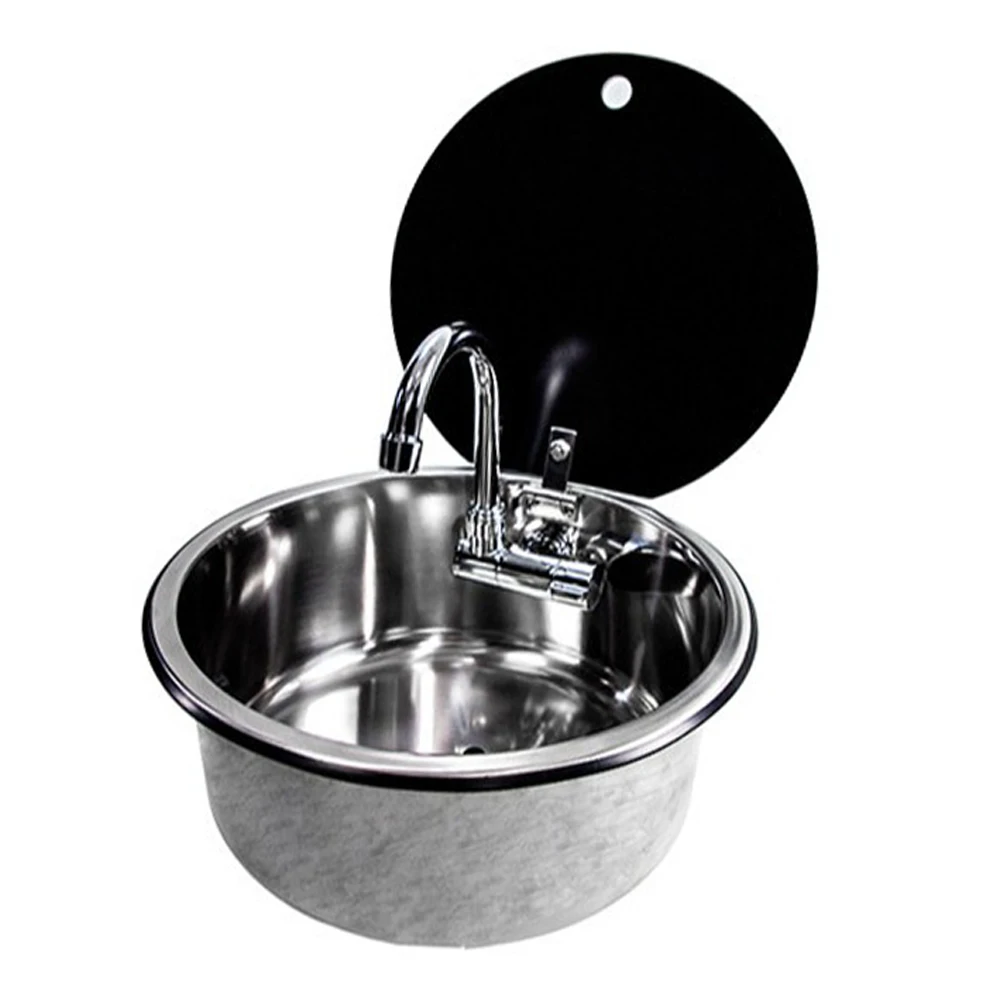 

RV Circular Sink with Lid, Kitchen Folding Flip Cover, Single Slot, 304 Stainless Steel Circular Sink