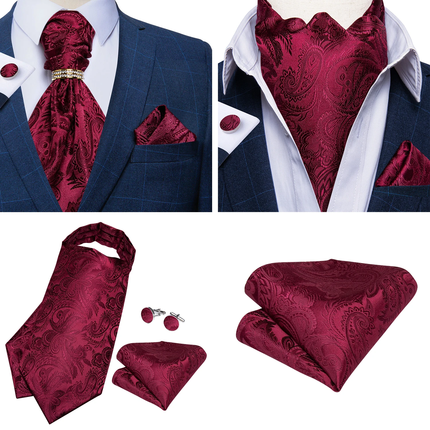 Luxury Men Green Blue Paisley Ascot Tie Set Solid Necktie Ring Wedding Party Cravat Purple Ties Pocket Sqaure Cufflink Free Ship