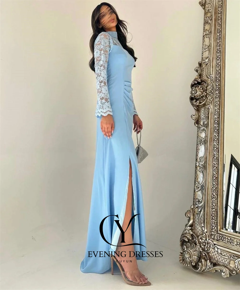 CUYUN Baby Blue Lace Patchwork Evening Gown High Collar Long Sleeves Side High Slit Prom Party Formal Wedding Guest Dress
