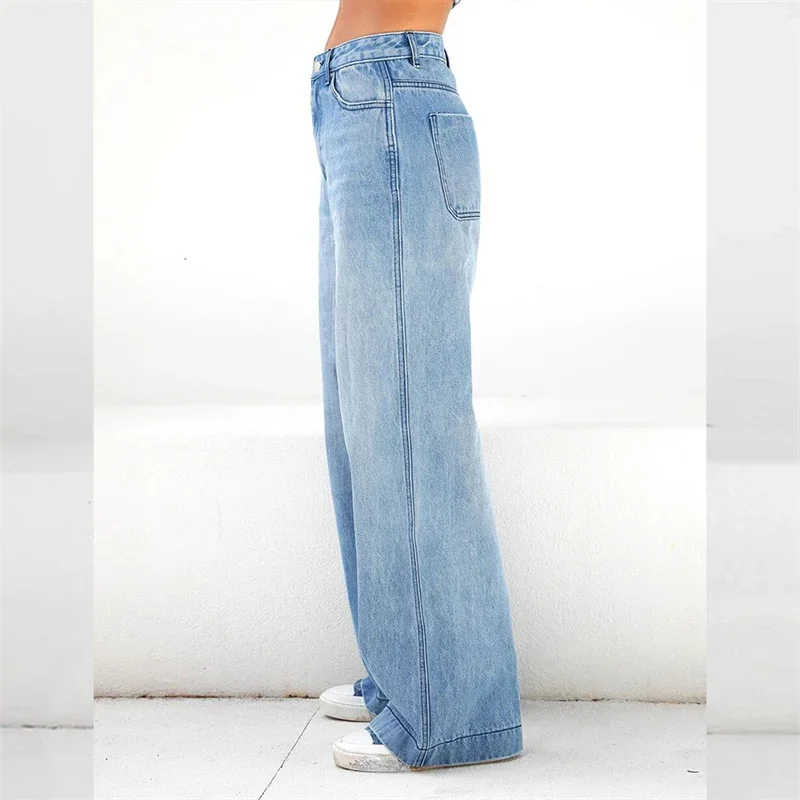 Fashion Loose Mid Waist Straight Jeans Women Daily Casual Commuter Denim Pants High Street Female Wide Leg Floor-length Trousers