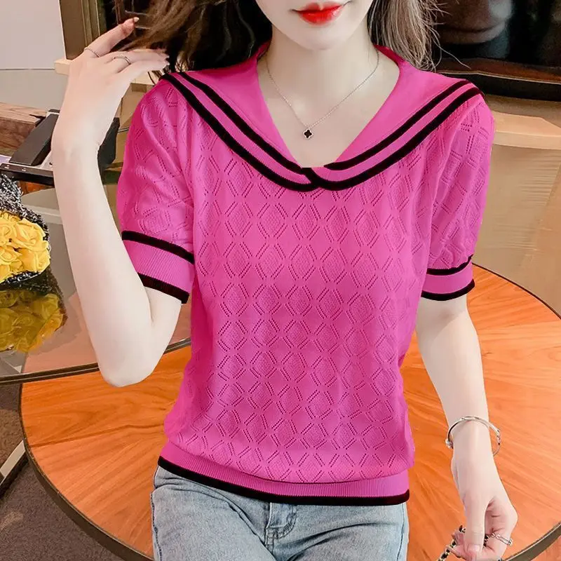 Women's Clothing Pullover Short Sleeve Round Neck Hole Hollow Out Sweater Knitted Contrast Color Thin T-shirt Colorful Tops