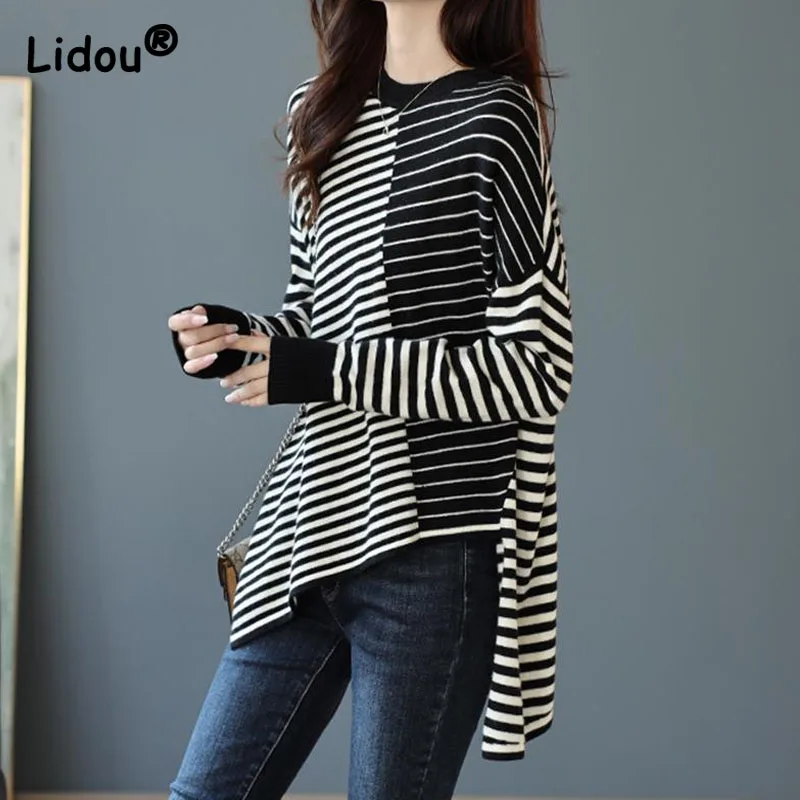 

Autumn Winter New O-Neck Striped Spliced Drop Shoulder Batwing Sleeve Top Black White Color Contrast Irregular Design Clothing