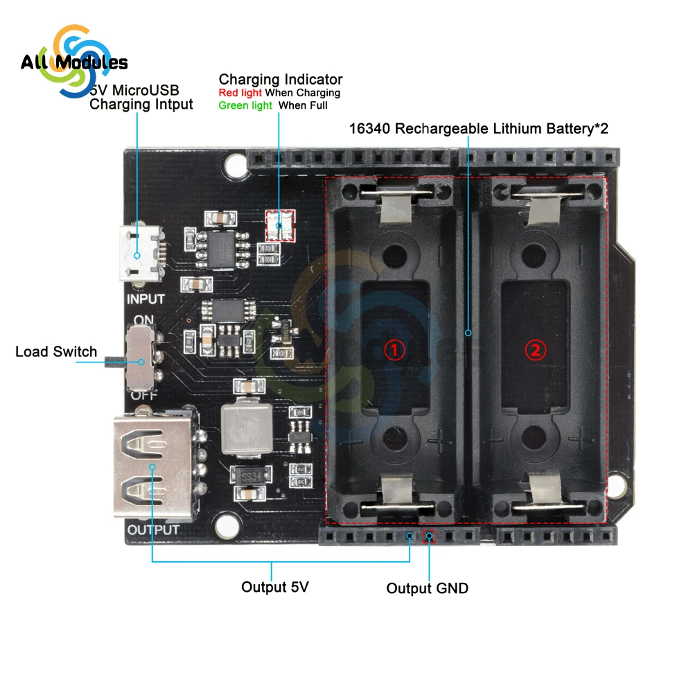 Fuente de alimentación recargable, cargador de batería de litio 16340 Dual, módulo de protección para placa Arduino R3, ESP32, ESP8266