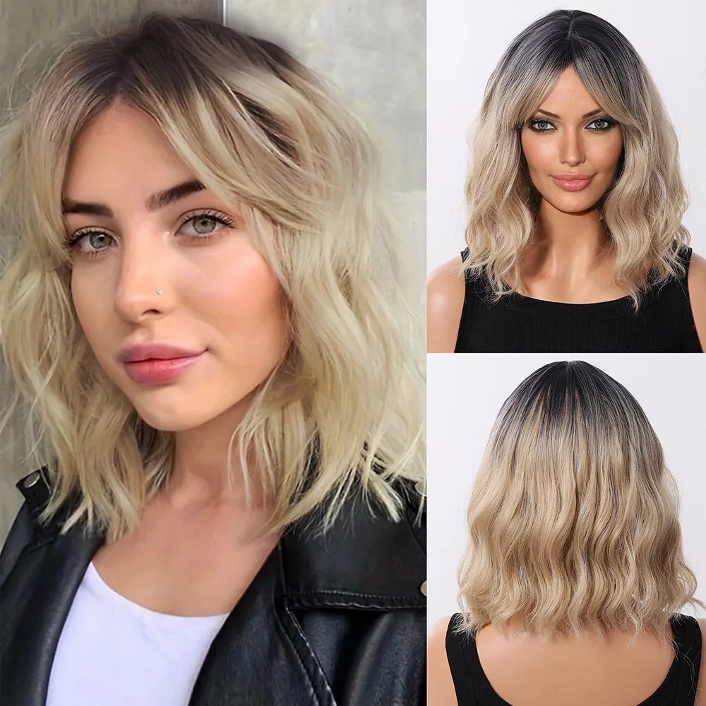 

European and American daily wig 14inch dyeing gradual change hair black gold water ripple short hair wigs