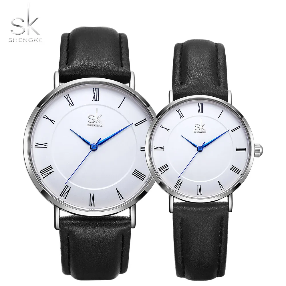 Shengke – ensemble de montres à Quartz pour hommes et femmes, bracelet en cuir Simple, Saat Reloj Mujer Hombre, pour Couple