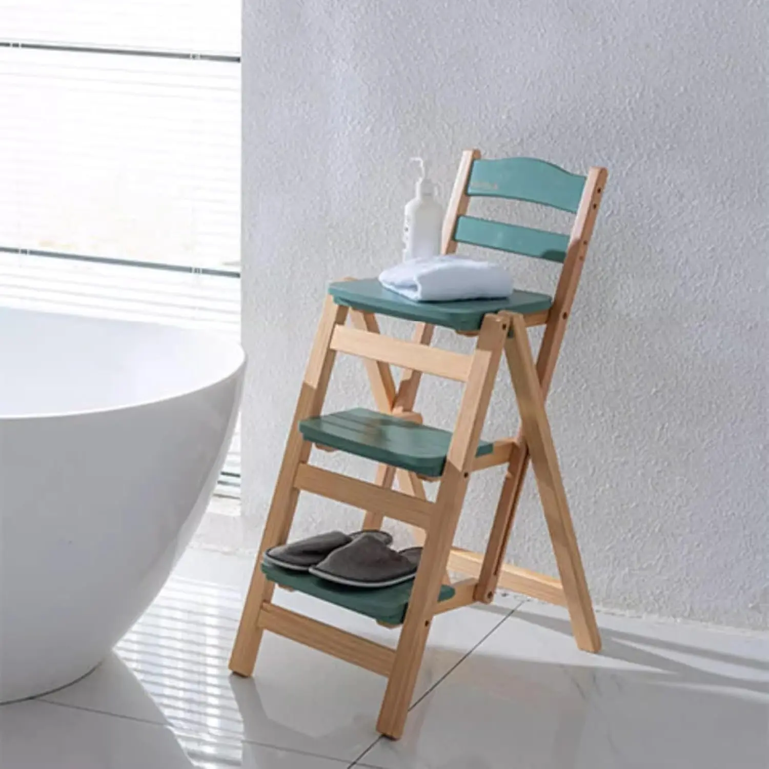 Folding Bar Stool, 3 Step Multifunction Portable Adults Solid Wood Ladder Stool For Household Kitchen, Bathroom Storage Shelf,