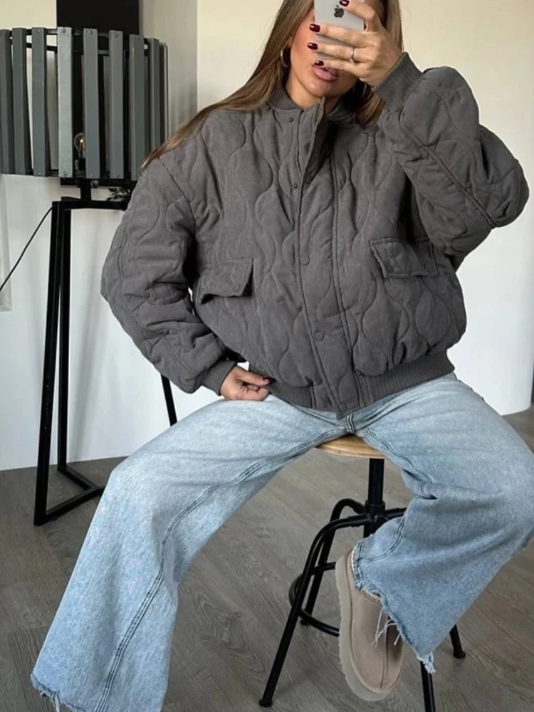 

Women's Casual Plaid Cotton Short Coat Round Neck Full Sleeve Single Breasted Zipper Loose Coats New Winter Street Home Outwear