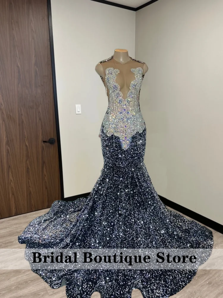 

Glitter Silver Sequin Crystal Beading Prom Dresses 2026 Luxury Gowns Gems Birthday Party Wedding Evening Customized