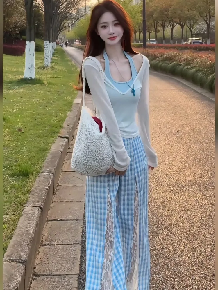 Summer 2025 Women's White Thin Sun Protection Vest Two-Piece Set Open Cardigan Small Size Hanging Neck Top Moisture Wicking