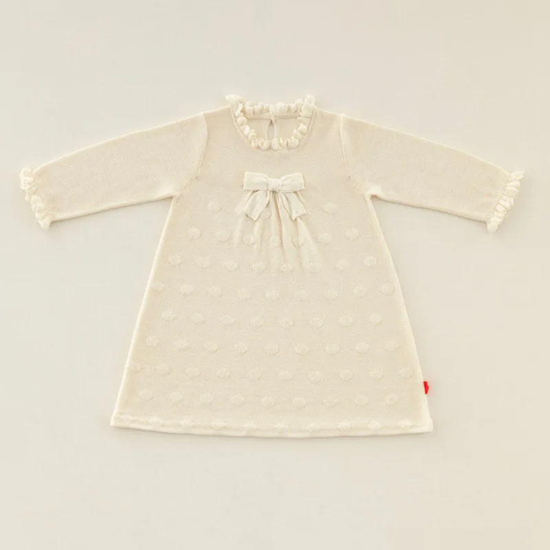 

Jenny&Dave 2023 Autumn New Girls' Knitted Dress Bowknot Dot Lace Dress Children's Baby Nordic Edition Doll Dress Girls