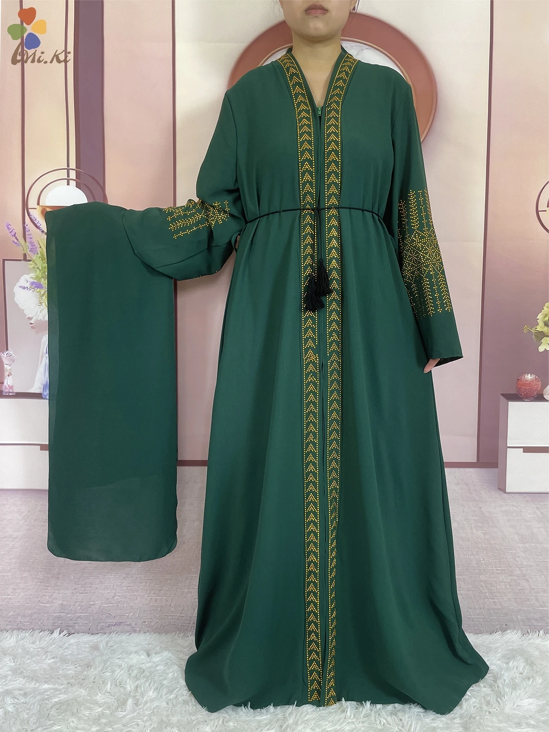 New Muslim Elegant Women Open Dress Long sleeved Diamond Chiffon Robe African Abaya Women Dress Dubai Maxi Party Clothing