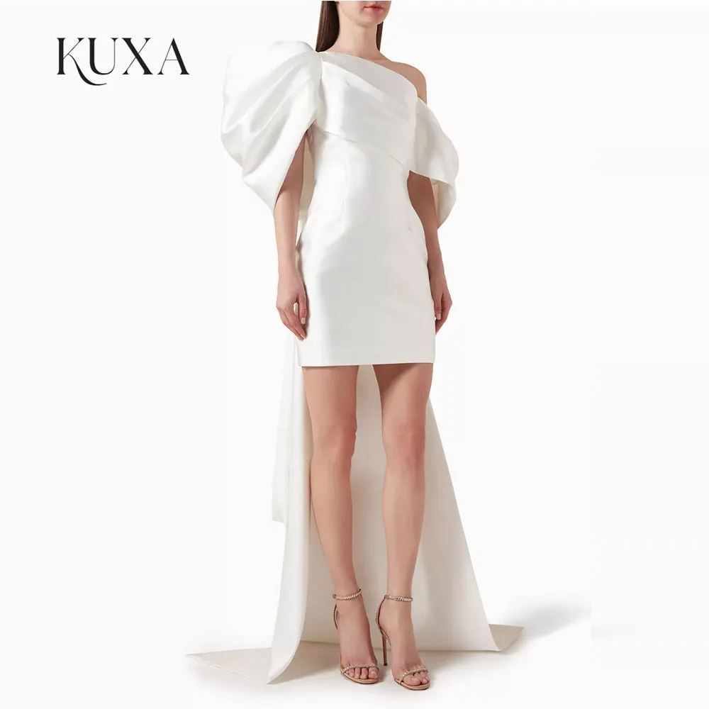 KUXA Customized Charmeuse Pleat Off-the-shoulder Straight Short Dresses Bespoke Occasion Wedding Dresses Elegant Bridal Gowns