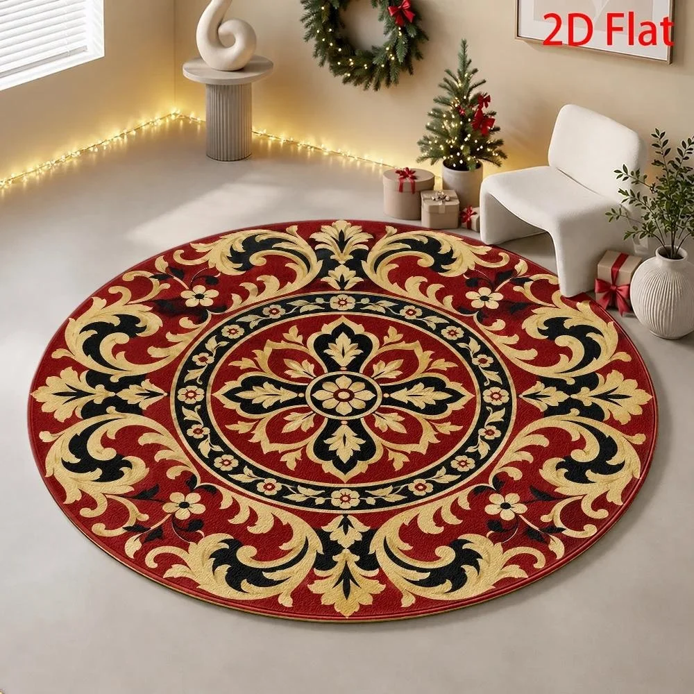 Christmas Santa Claus Spiral Staircase Bookshelf 3D Illusion Round Area Rug Washable Soft Carpet Living Room Holiday Decor