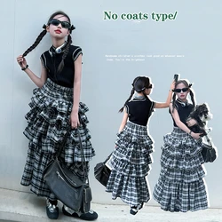 Big Girl Korean Casual Skirt Set 2024 Summer New Retro American Plaid Puffy Cake Skirt Two Piece Set