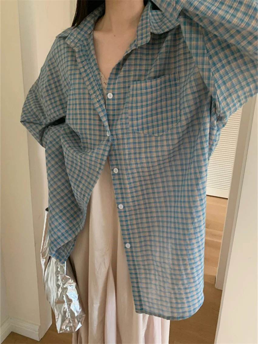 Alien Kitty Blue Plaid Shirts Women Autumn Chic Loose Oversize Fashion Slim New Full Sleeve Casual Daily All Match Gentle OL