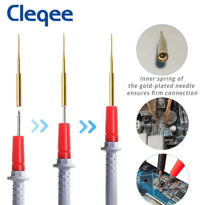 Cleqee P1505B Cables de prueba de multímetro de silicona con agujas afiladas precisas chapadas en oro, sonda multímetro con conector banana de 4 mm