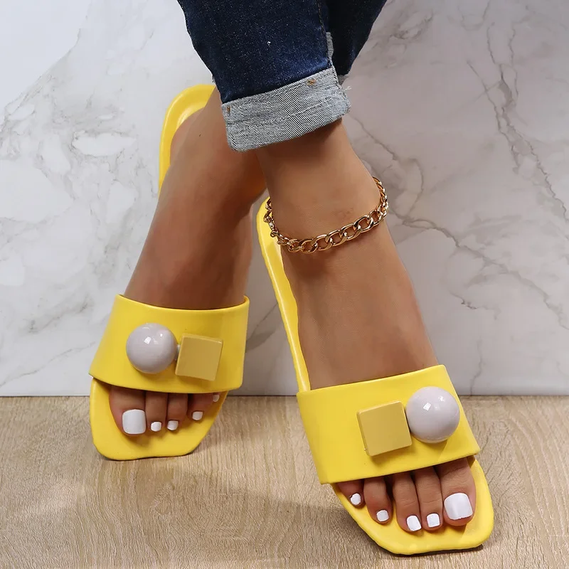 Women\'s Slides Outside Wear Ladies Slippers Bright Yellow Summer Shoes Woman Fashion Flat Bottom Square Head Female Footwear