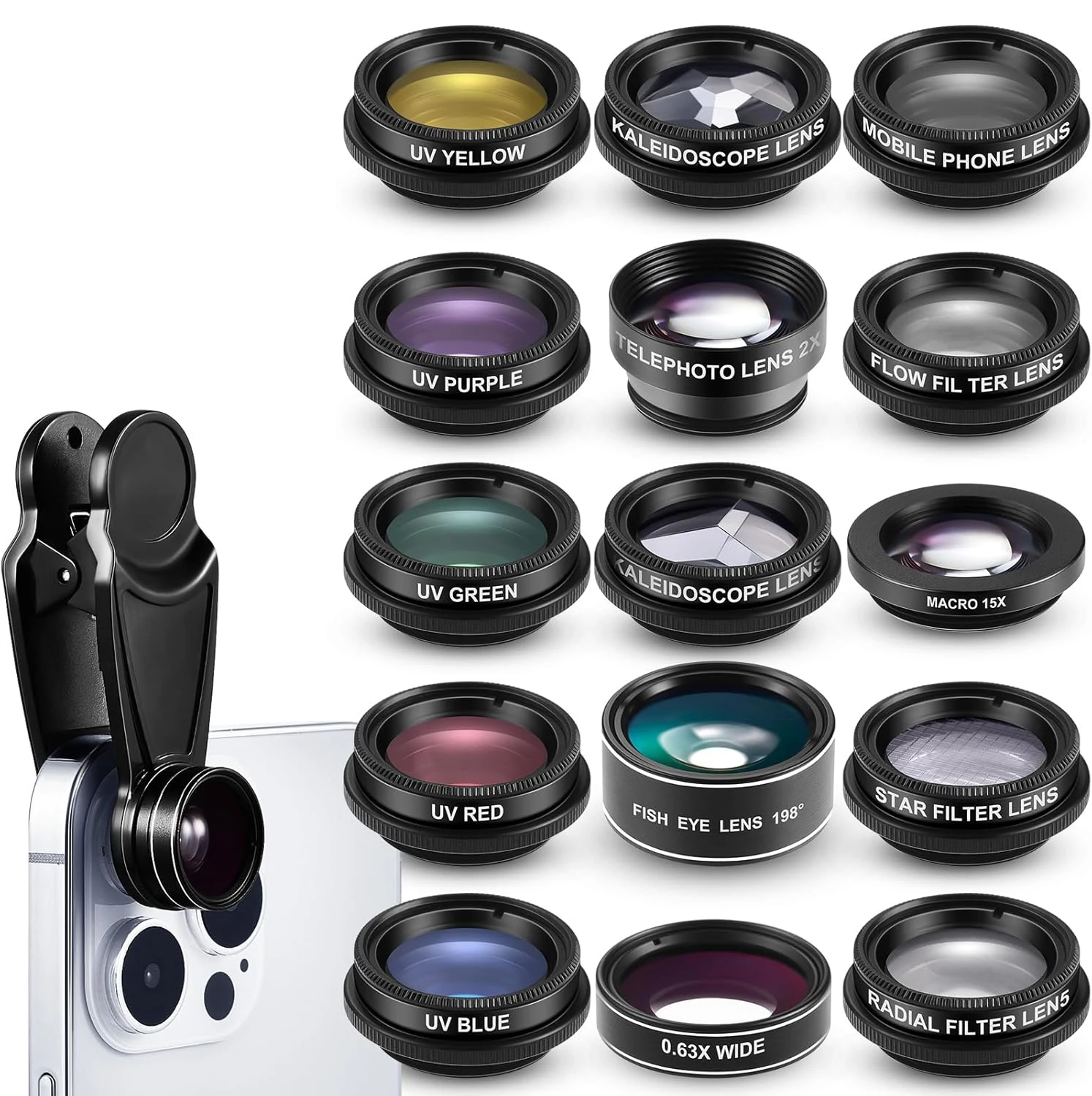 

Комплект объектива для мобильного телефона 15 в 1, универсальный широкоугольный макрообъектив «рыбий глаз», калейдоскоп с фильтром CPL + объектив для смартфона с 2 расширенными диапазонами
