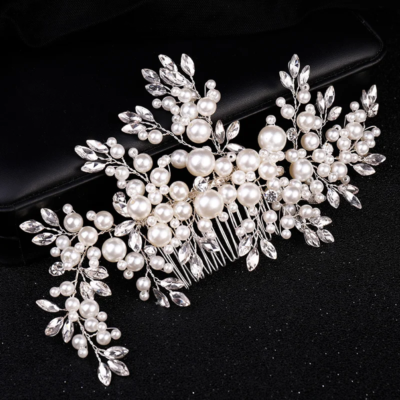 Luxury Crystal Pearl Flower Hair Comb Headband Tiara For Women Bride Party Bridal Wedding Hair Accessories Jewelry Comb Headband